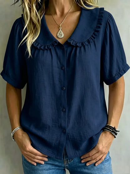 ⏰16-Pack Only $35👕 Women's Ruffle Trim Collared Button-Up Short Sleeve Shirt - Limited Stock Once They’re Gone, They’re Gone!