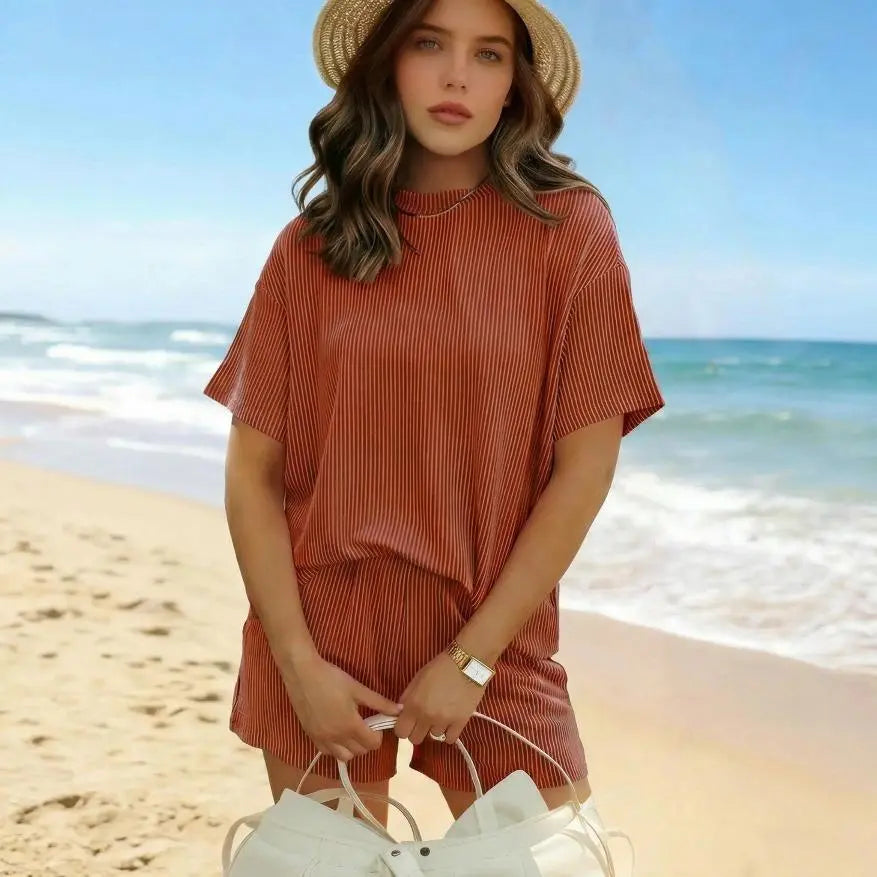 Women’s Ribbed Knit Lounge Set – Short Sleeve Top & High Waist Shorts