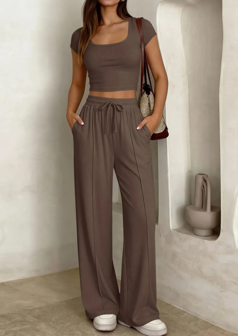 ⚡FINAL SALE⚡ Women's 2 Piece Outfits Square Neck Crop Top High Waist Wide Leg Pants Loungewear Set