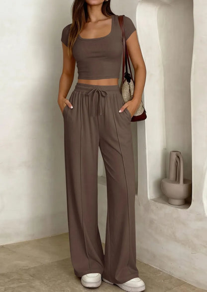 ⚡FINAL SALE⚡ Women's 2 Piece Outfits Square Neck Crop Top High Waist Wide Leg Pants Loungewear Set
