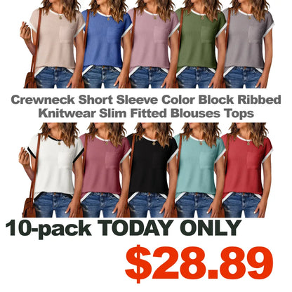❤️Women's Crewneck Short Sleeve Color Block Ribbed Knitwear Slim Fitted Blouses Tops