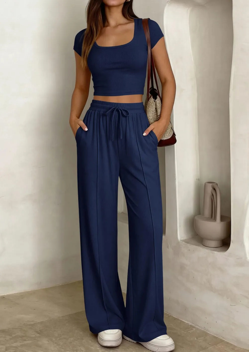 ⚡FINAL SALE⚡ Women's 2 Piece Outfits Square Neck Crop Top High Waist Wide Leg Pants Loungewear Set