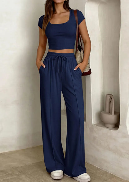 ⚡FINAL SALE⚡ Women's 2 Piece Outfits Square Neck Crop Top High Waist Wide Leg Pants Loungewear Set