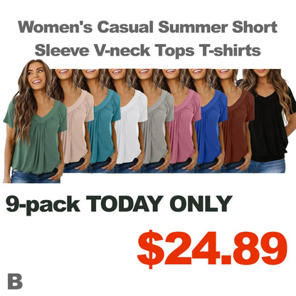 Women's Casual Summer Short Sleeve V-neck Tops T-shirts - Loose Fit & Comfortable Shirring Top