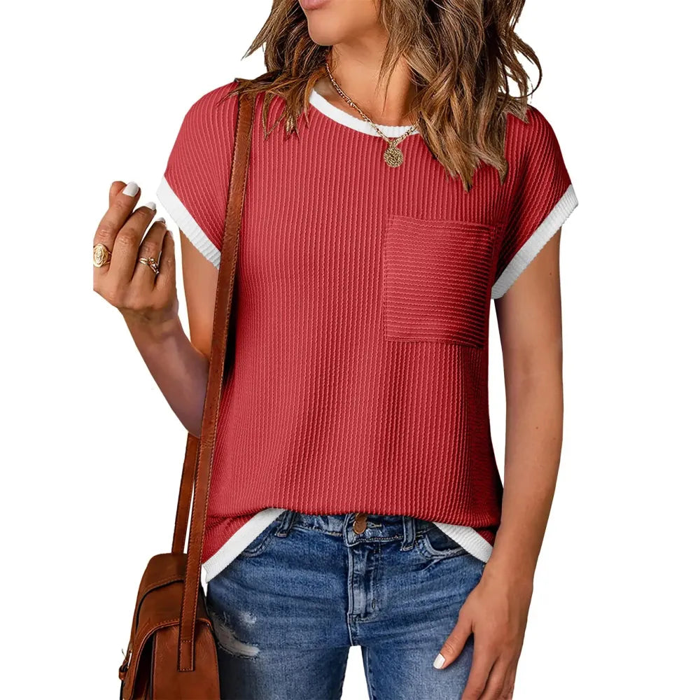 ❤️Women's Crewneck Short Sleeve Color Block Ribbed Knitwear Slim Fitted Blouses Tops