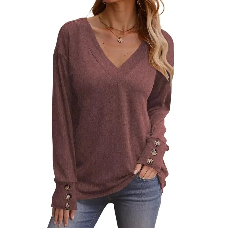 Women's Casual Long Sleeve V-Neck Pullover Shirts Loose Fit Lightweight Knit Tops