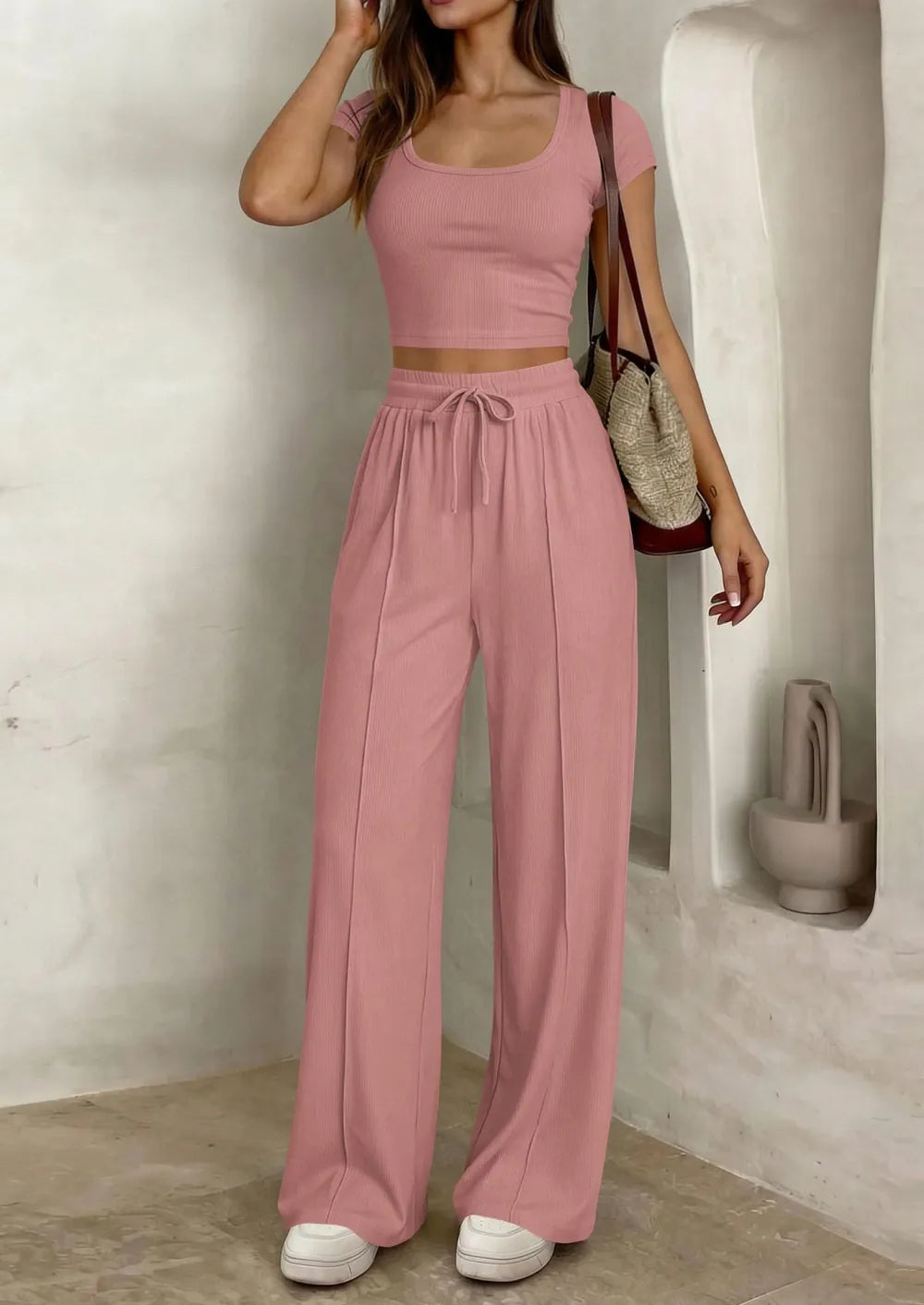 ⚡FINAL SALE⚡ Women's 2 Piece Outfits Square Neck Crop Top High Waist Wide Leg Pants Loungewear Set
