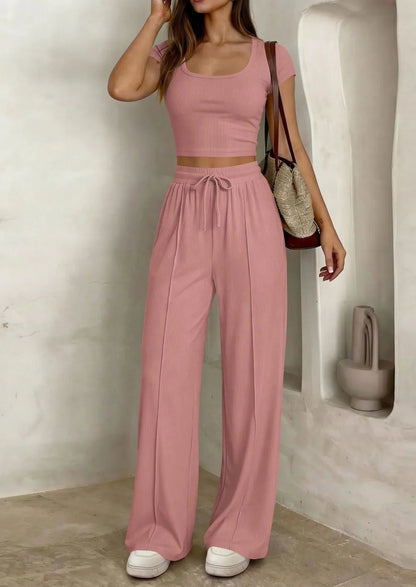 ⚡FINAL SALE⚡ Women's 2 Piece Outfits Square Neck Crop Top High Waist Wide Leg Pants Loungewear Set