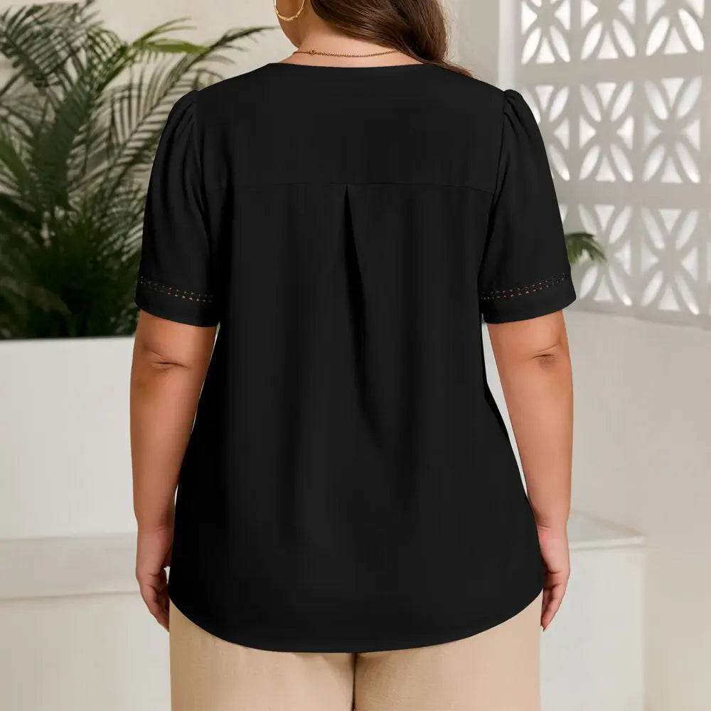 Dressy Casual Pleated V-Neck Short Sleeve Business Work Office Blouses Shirts (1X-5X)