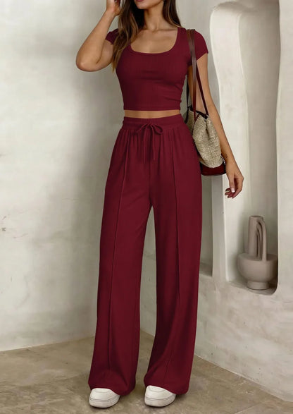⚡FINAL SALE⚡ Women's 2 Piece Outfits Square Neck Crop Top High Waist Wide Leg Pants Loungewear Set