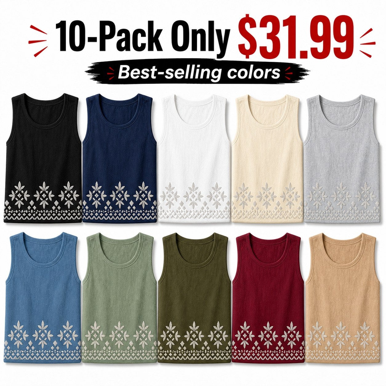 CLEARANCE SALE - Women's Embroidered Border Sleeveless Tank Top - 14 Colors & Bundle Deals