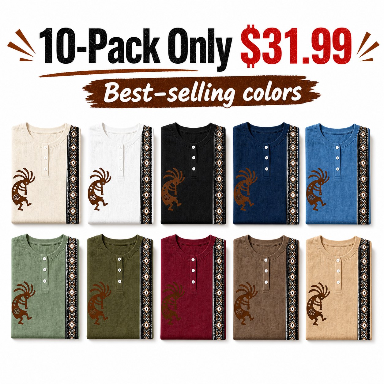 CLEARANCE SALE - Women's Southwest Kokopelli Henley Top - 14 Colors & Bundle Deals