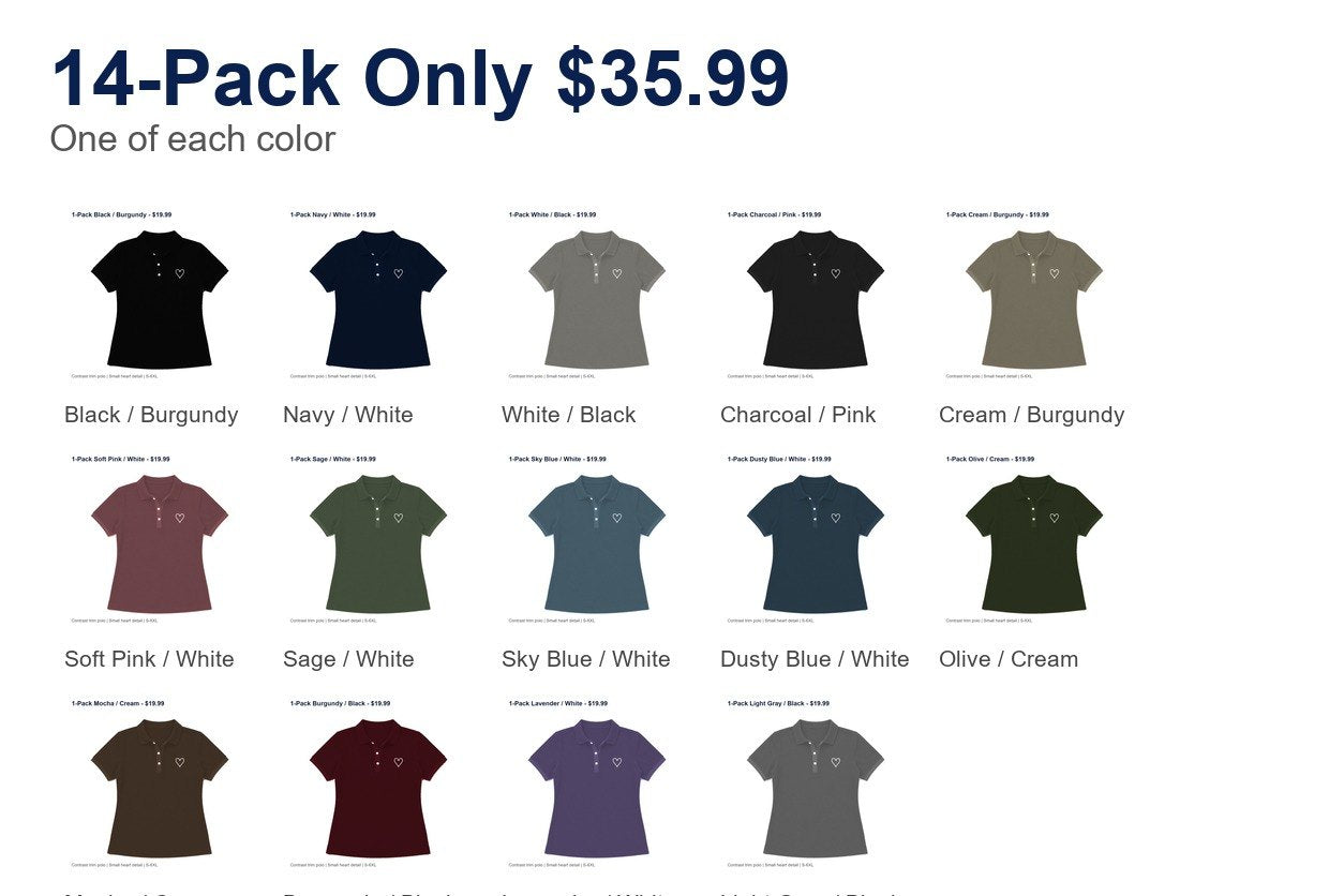 CLEARANCE SALE - Women's Contrast Trim Heart Polo Shirt - 14 Colors & Bundle Deals