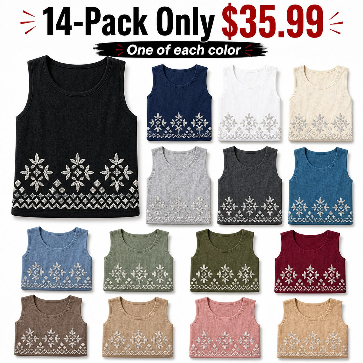 CLEARANCE SALE - Women's Embroidered Border Sleeveless Tank Top - 14 Colors & Bundle Deals