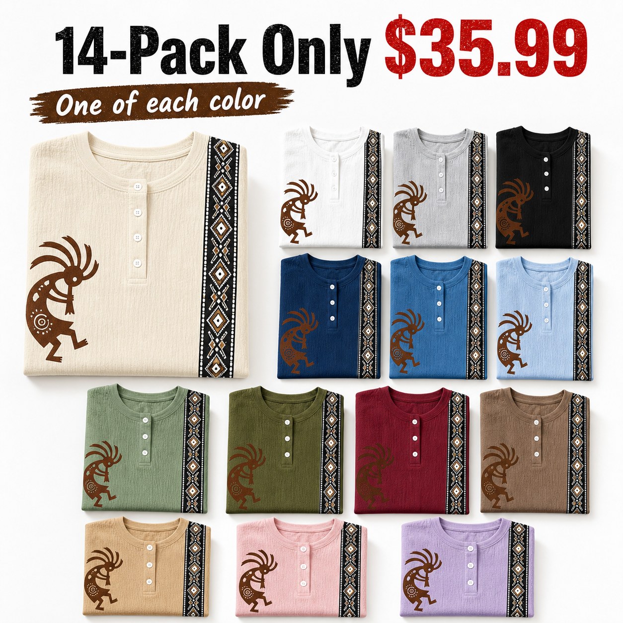 CLEARANCE SALE - Women's Southwest Kokopelli Henley Top - 14 Colors & Bundle Deals
