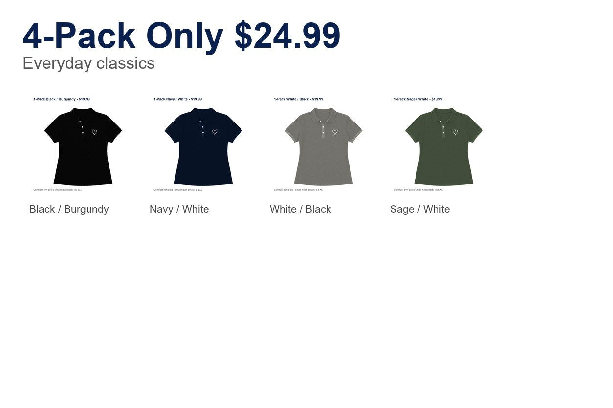 CLEARANCE SALE - Women's Contrast Trim Heart Polo Shirt - 14 Colors & Bundle Deals