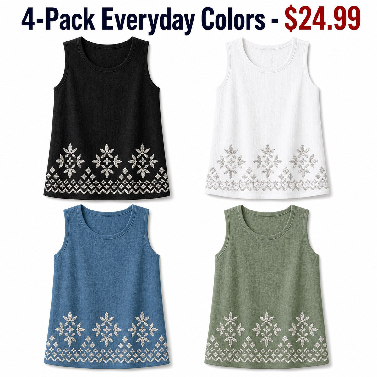 CLEARANCE SALE - Women's Embroidered Border Sleeveless Tank Top - 14 Colors & Bundle Deals