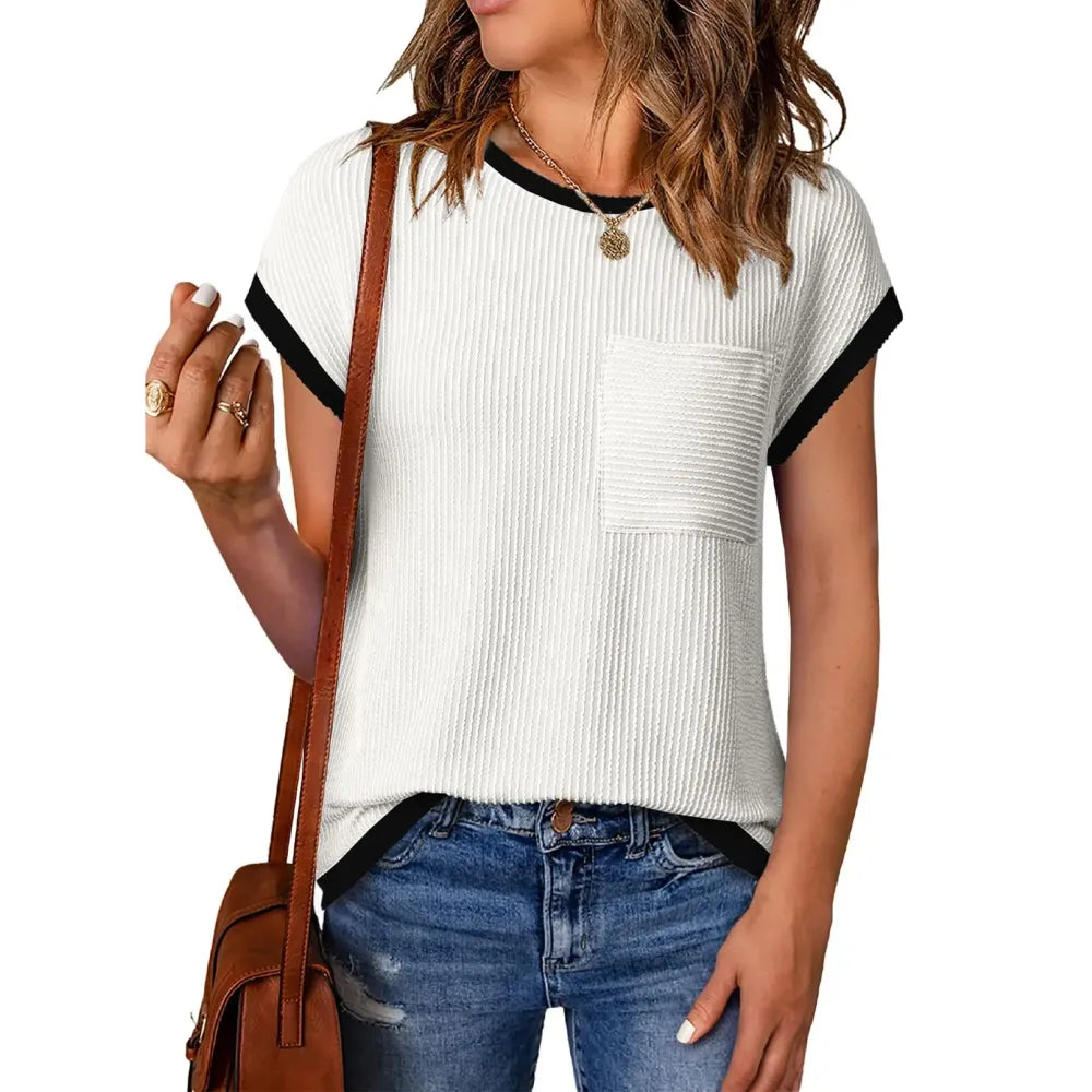 ❤️Women's Crewneck Short Sleeve Color Block Ribbed Knitwear Slim Fitted Blouses Tops