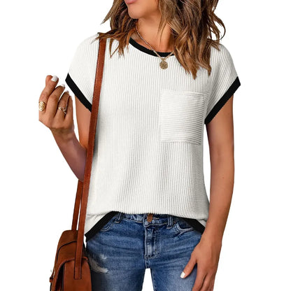 ❤️Women's Crewneck Short Sleeve Color Block Ribbed Knitwear Slim Fitted Blouses Tops