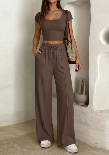 ⚡FINAL SALE⚡ Women's 2 Piece Outfits Square Neck Crop Top High Waist Wide Leg Pants Loungewear Set