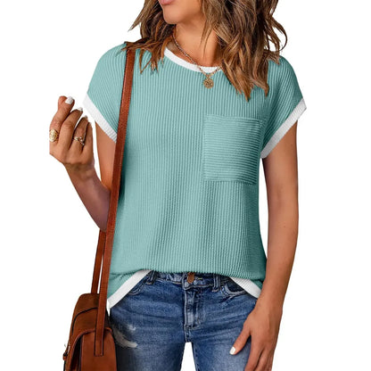 ❤️Women's Crewneck Short Sleeve Color Block Ribbed Knitwear Slim Fitted Blouses Tops