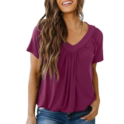 Women's Casual Summer Short Sleeve V-neck Tops T-shirts - Loose Fit & Comfortable Shirring Top