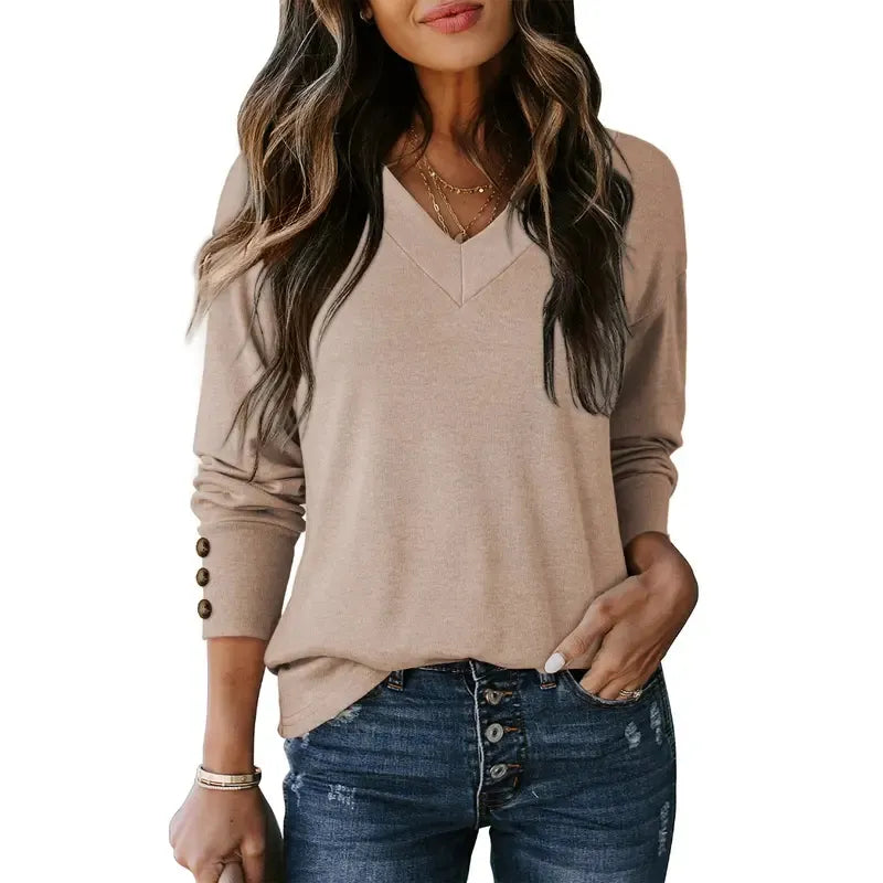 Women's Casual Long Sleeve V-Neck Pullover Shirts Loose Fit Lightweight Knit Tops