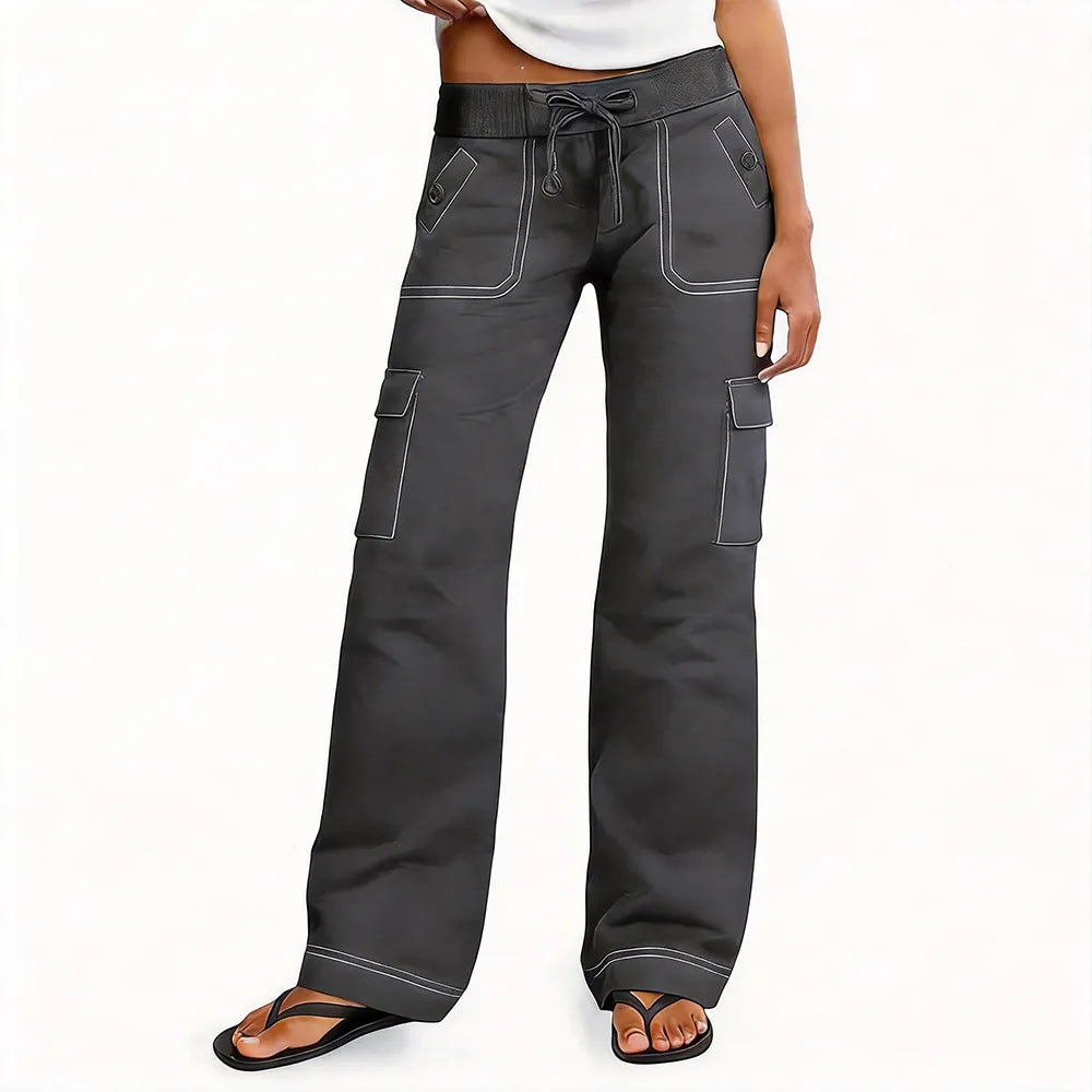 ⚡FINAL SALE⚡ Women's Wide Leg Cargo Pants - Stretchy Waist Casual Workwear with Contrast Stitching