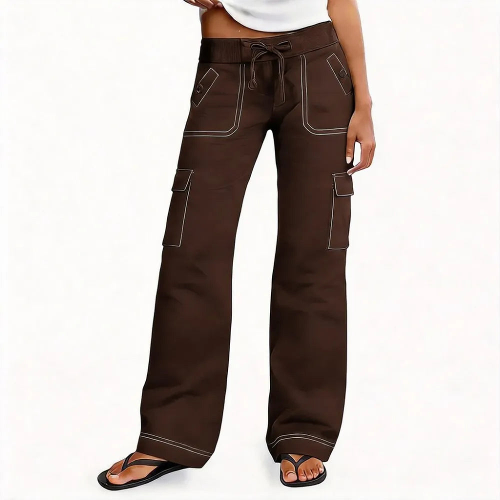 ⚡FINAL SALE⚡ Women's Wide Leg Cargo Pants - Stretchy Waist Casual Workwear with Contrast Stitching