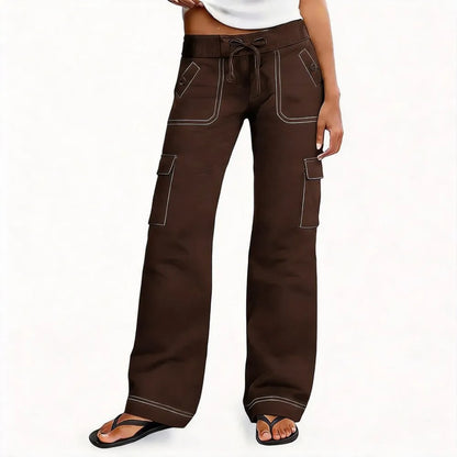 ⚡FINAL SALE⚡ Women's Wide Leg Cargo Pants - Stretchy Waist Casual Workwear with Contrast Stitching