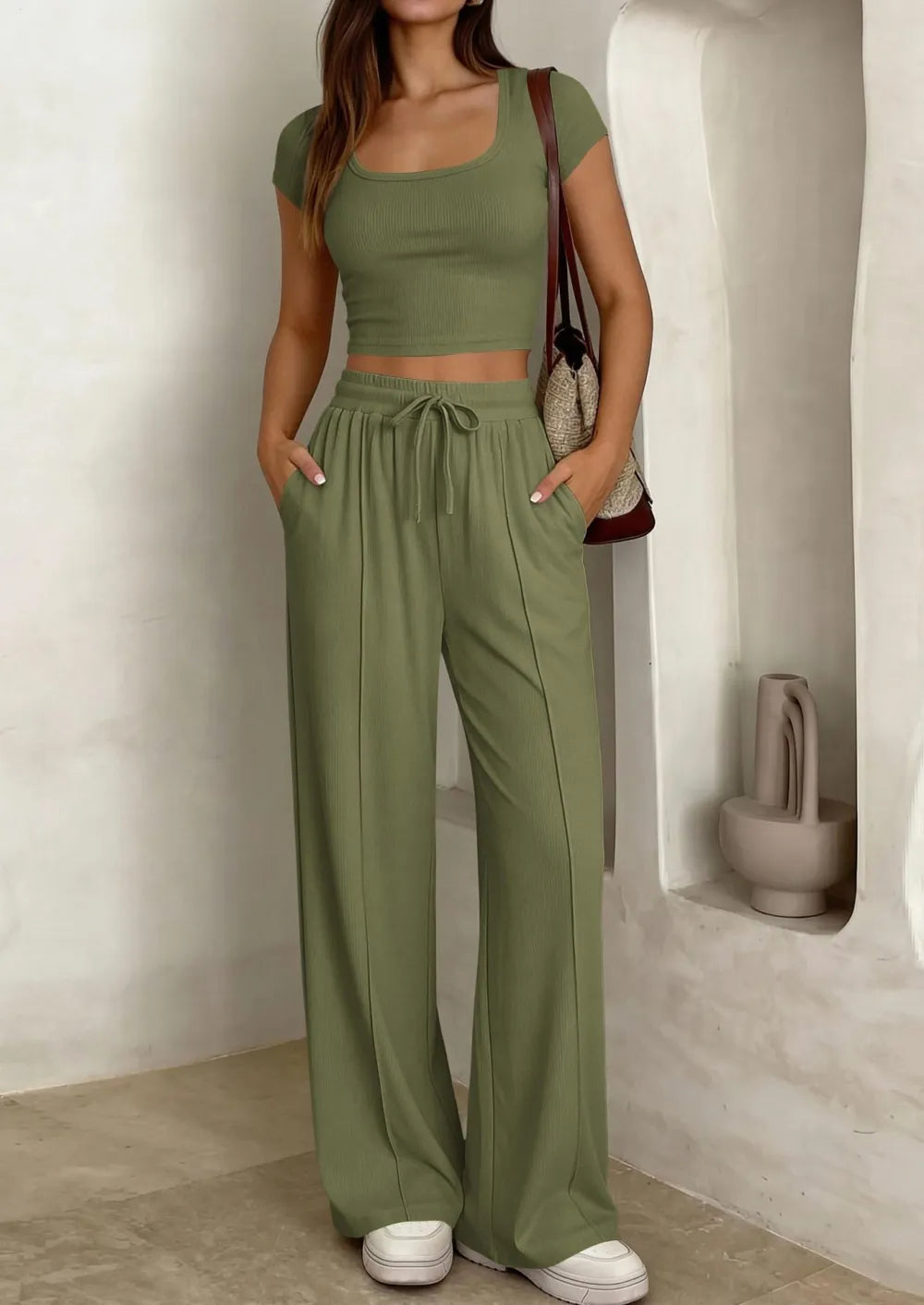 ⚡FINAL SALE⚡ Women's 2 Piece Outfits Square Neck Crop Top High Waist Wide Leg Pants Loungewear Set