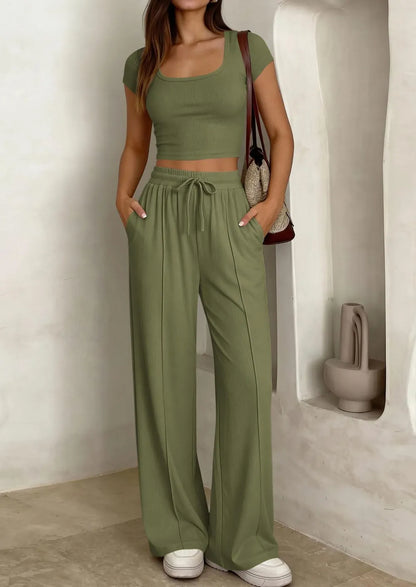 ⚡FINAL SALE⚡ Women's 2 Piece Outfits Square Neck Crop Top High Waist Wide Leg Pants Loungewear Set