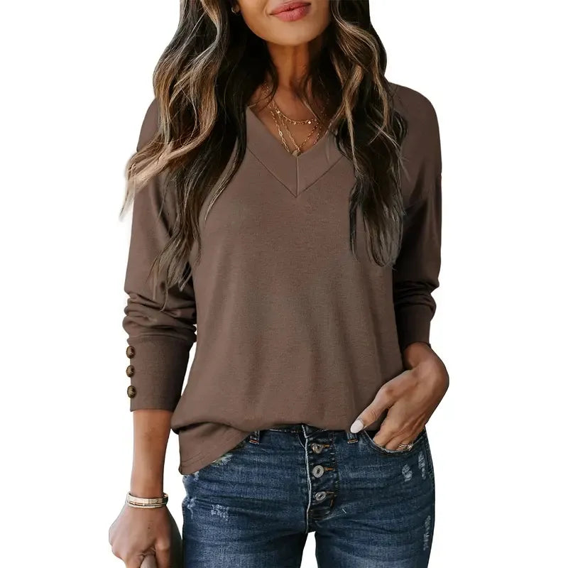 Women's Casual Long Sleeve V-Neck Pullover Shirts Loose Fit Lightweight Knit Tops