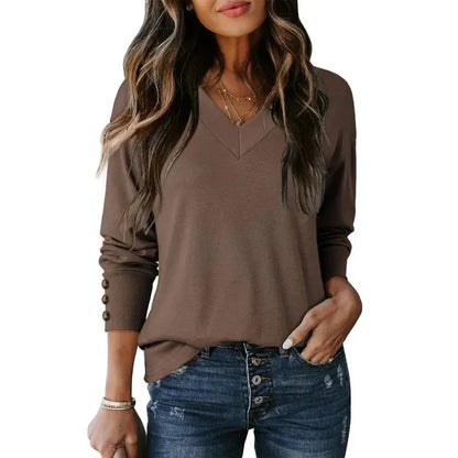 Women's Casual Long Sleeve V-Neck Pullover Shirts Loose Fit Lightweight Knit Tops
