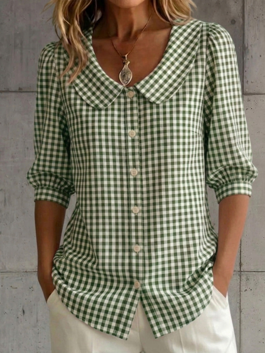 New Arrivals🔥 Women's Retro Peter Pan Collar Checkered Cotton Linen Shirt