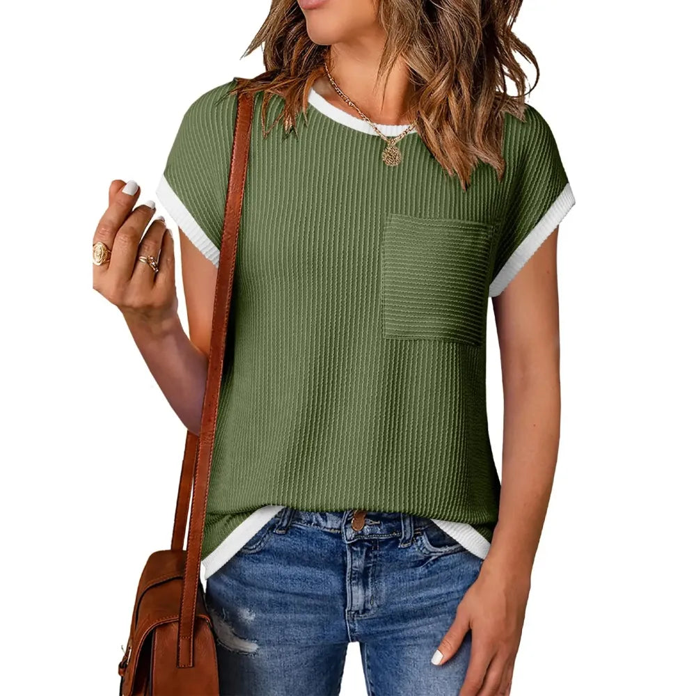 ❤️Women's Crewneck Short Sleeve Color Block Ribbed Knitwear Slim Fitted Blouses Tops