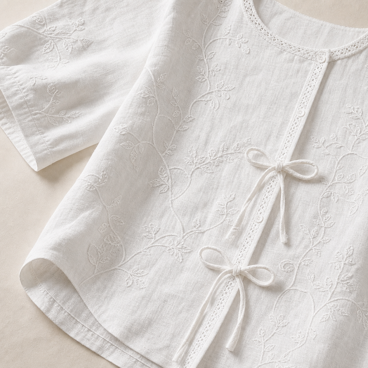 Women's Embroidered Tie-Front Short Sleeve Blouse