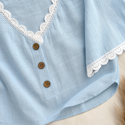Women's Lace Trim V-Neck Button Short Sleeve Blouse