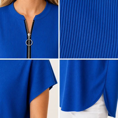 Women's Pleated Zip-Neck Short Sleeve Top