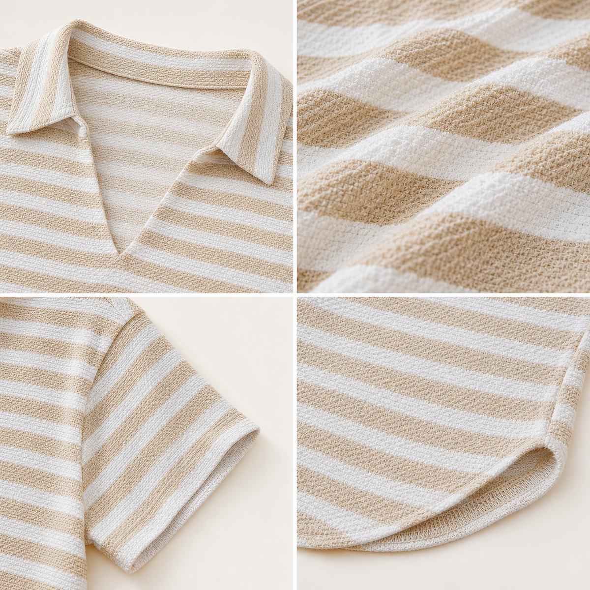 Women's Textured Striped Collared Short Sleeve Top