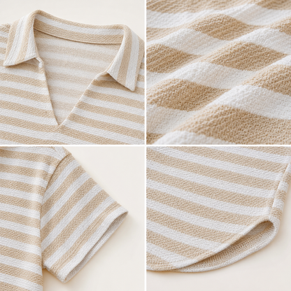 Women's Textured Striped Collared Short Sleeve Top