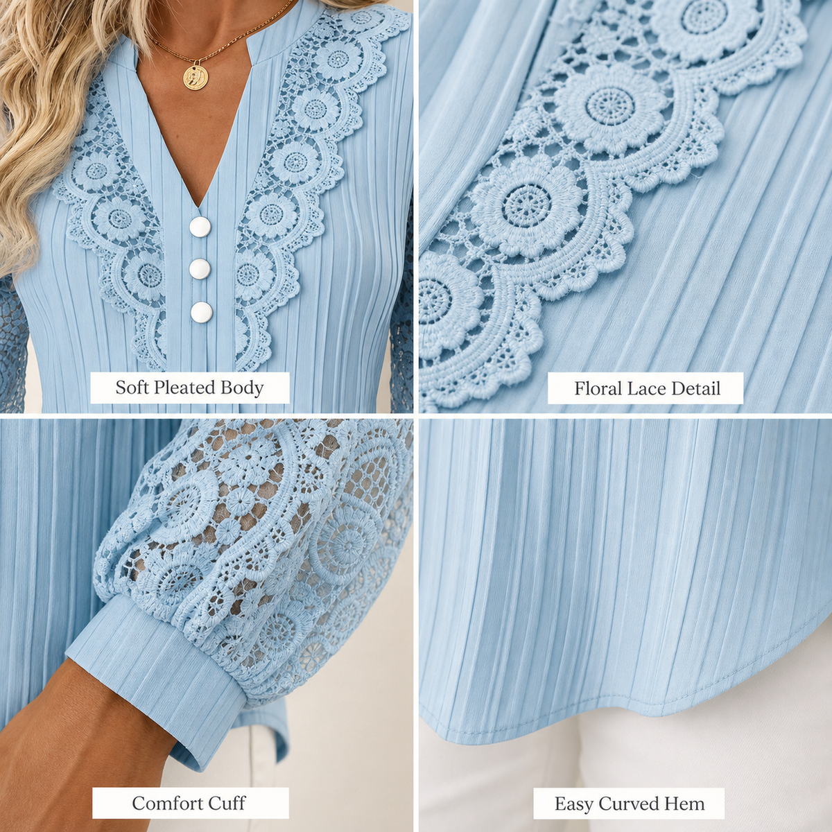 Women's Pleated Lace V-Neck Long Sleeve Blouse