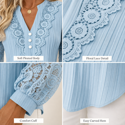 Women's Pleated Lace V-Neck Long Sleeve Blouse