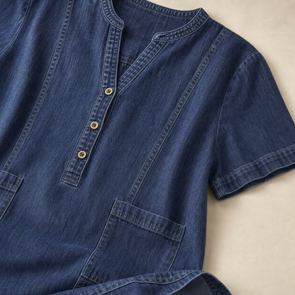 Women's Short Sleeve Denim Henley Pocket Dress