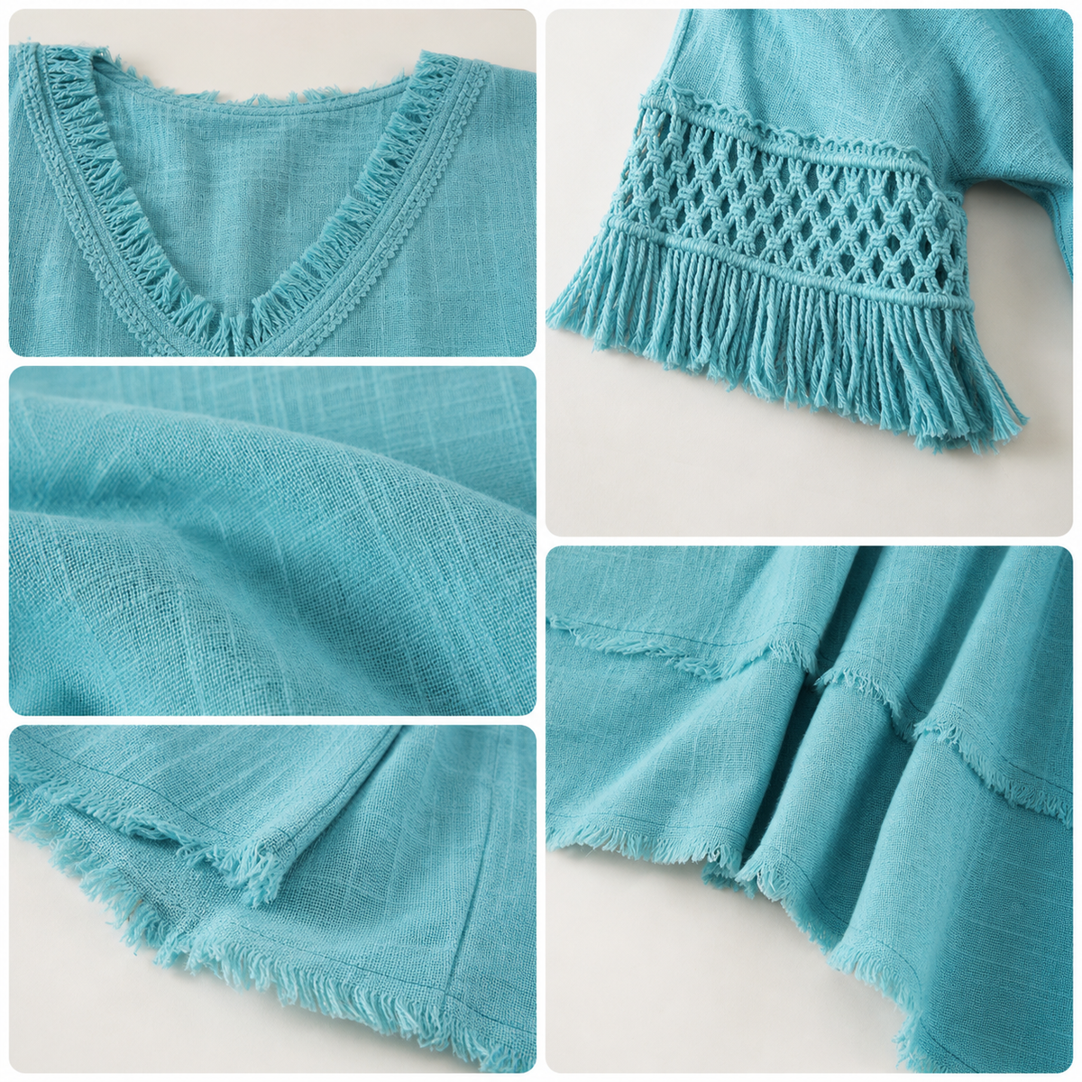 Women's Fringed Lace Sleeve V-Neck Tunic Top