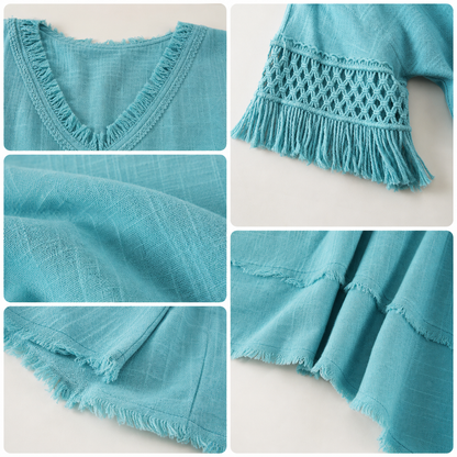 Women's Fringed Lace Sleeve V-Neck Tunic Top