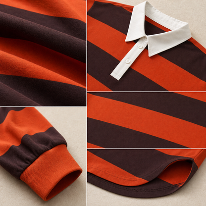 Women's Relaxed Striped Rugby Polo Long Sleeve Top