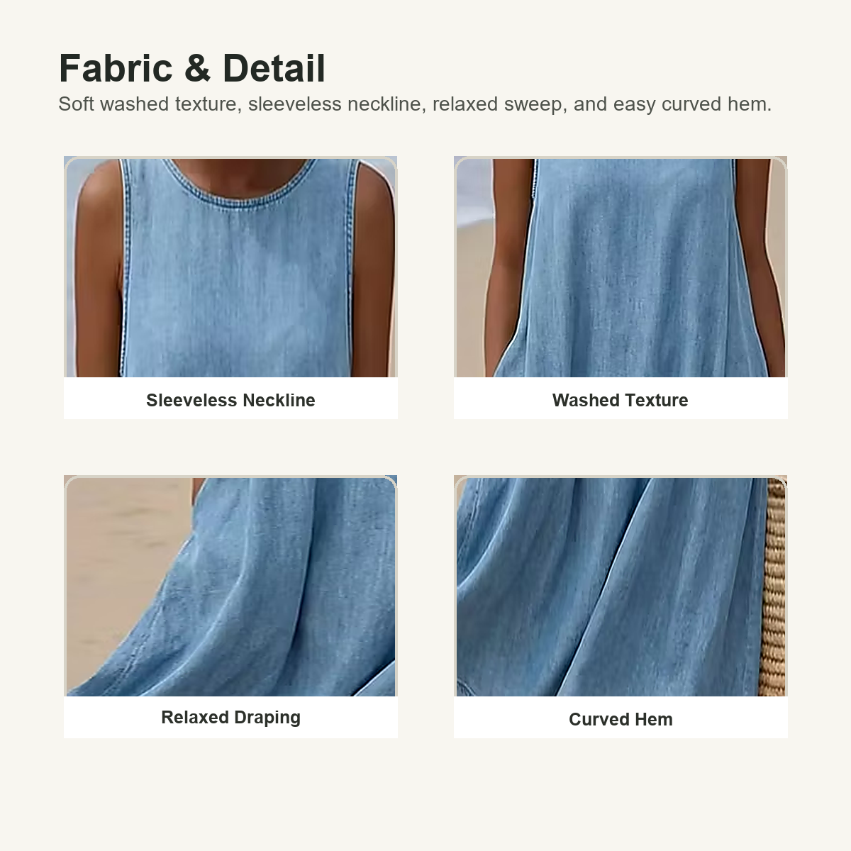 Women's Sleeveless Relaxed A-Line Denim-Look Dress