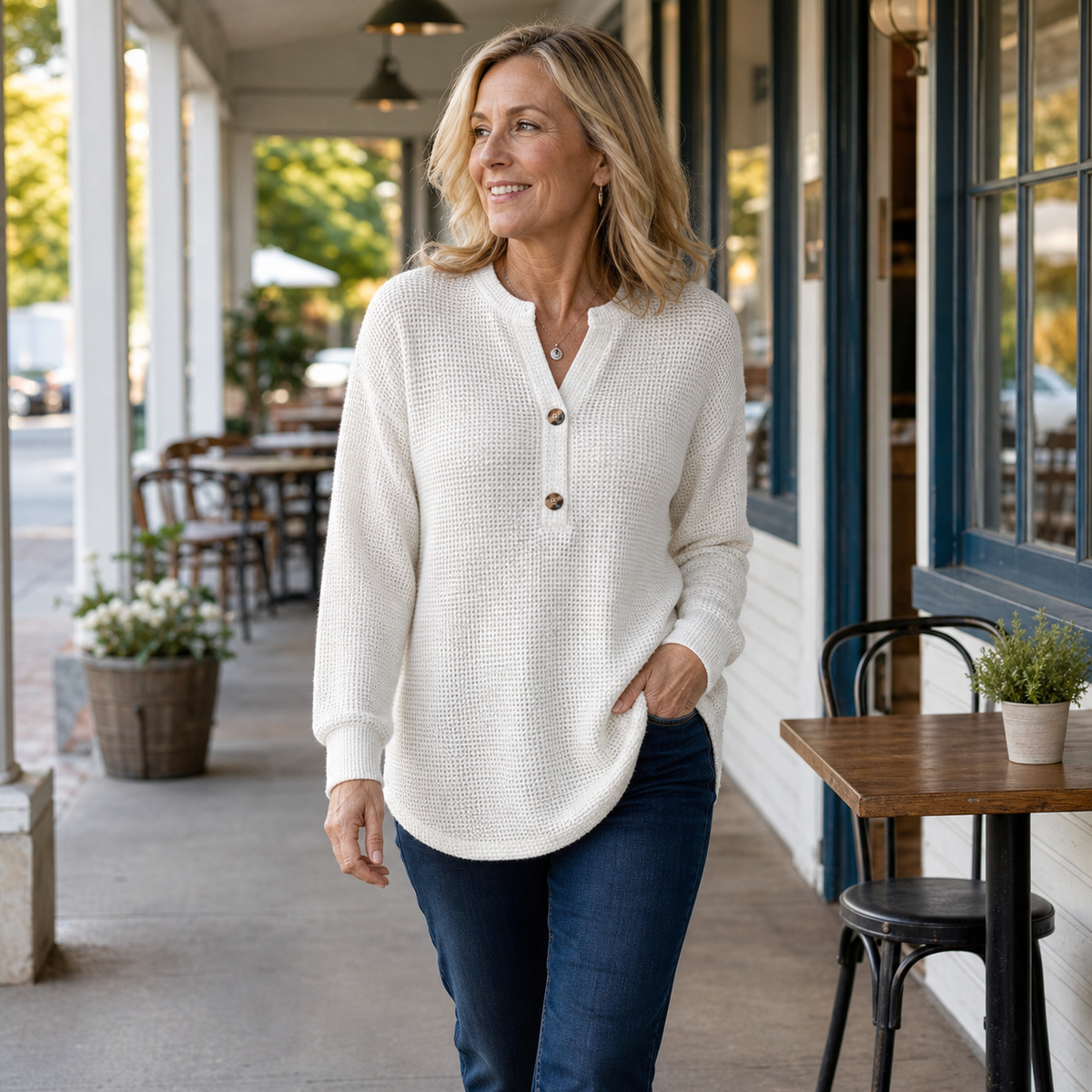 Women's Waffle Knit Long Sleeve Henley Top