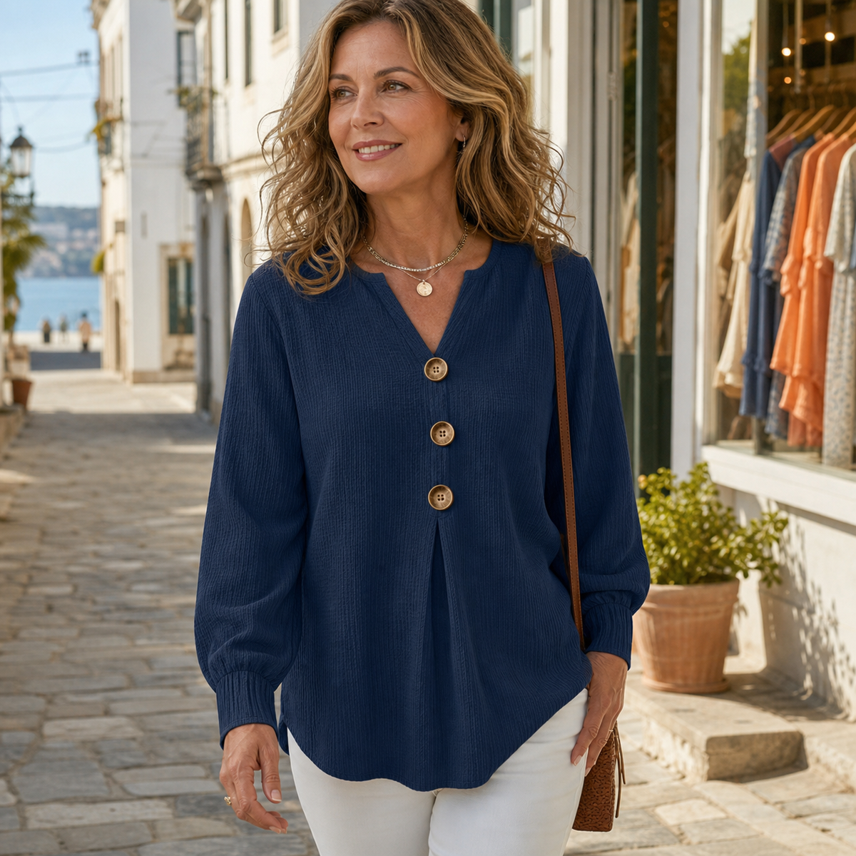 Women's Textured Button-Front Tunic Blouse